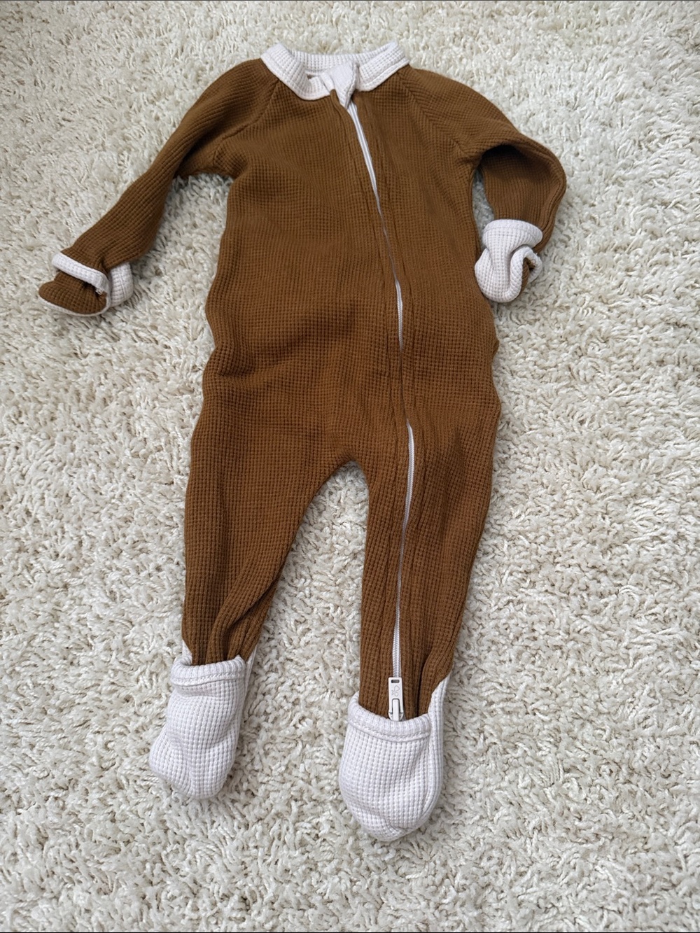Waffle-Knit Brown and Cream Baby Footie One-Piece